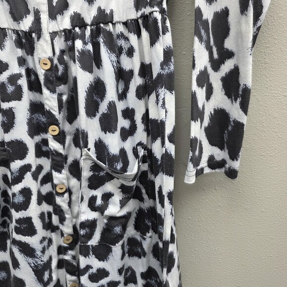 OUGES Dress Womens XL Black White Leopard Print Button Front Pockets Long Sleeve - Picture 3 of 10